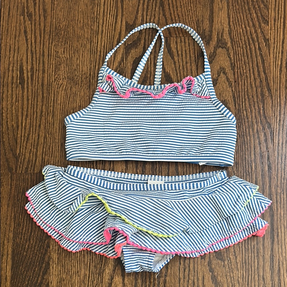 Mini Boden Ruffle Striped Blue and White Bikini Set Size 5/6Y